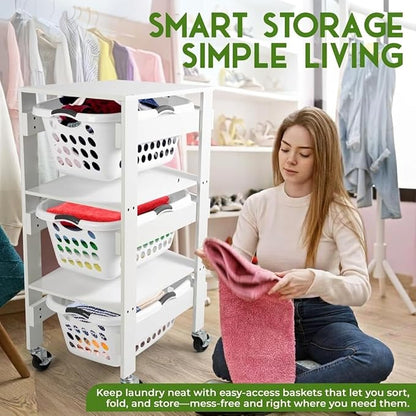 Laundry Basket Holder Shelf – Stackable Engineered Wood Laundry Tower, Tiered Hamper Organizer for Bathroom, Bedroom, Closet (White, 3 Tier)