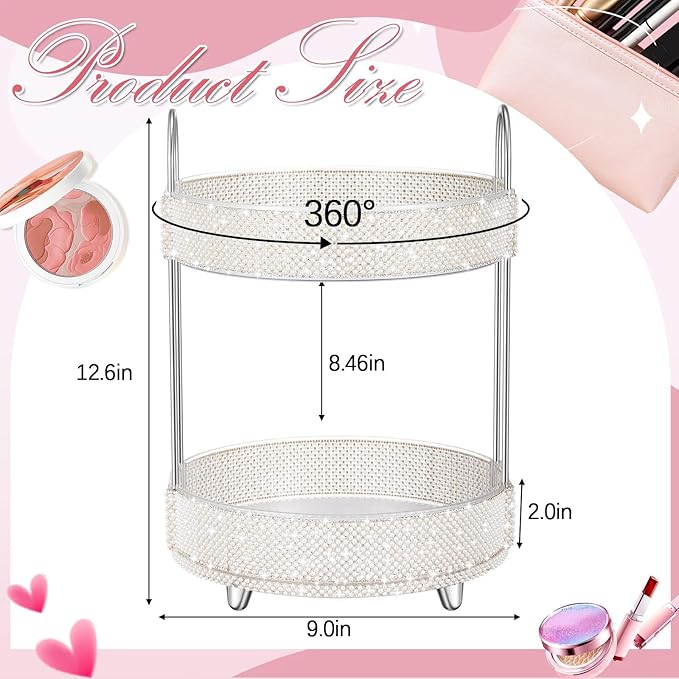 Honeydak 360 Rotating Perfume Organizer for Mother Day Nurse Day Rhinestone Bathroom Counter Organizer Makeup Holder Skincare and Perfume Storage for Cosmetic Countertop(2 Tiers,Pearl,White)