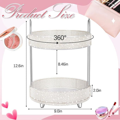 Honeydak 360 Rotating Perfume Organizer for Mother Day Nurse Day Rhinestone Bathroom Counter Organizer Makeup Holder Skincare and Perfume Storage for Cosmetic Countertop(2 Tiers,Pearl,White)
