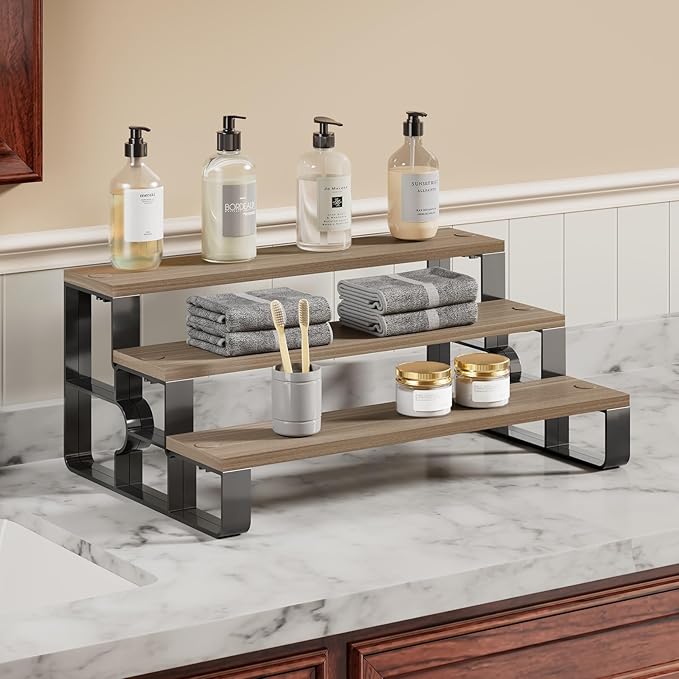 3 Tier Makeup Organizers,Bathroom Organizer,Perfume Organizer for Dresser,Cologne Stand for Men,Wood Display Riser Stand for Vanity,Bedroom,Dressing(Walnut-Width=14")