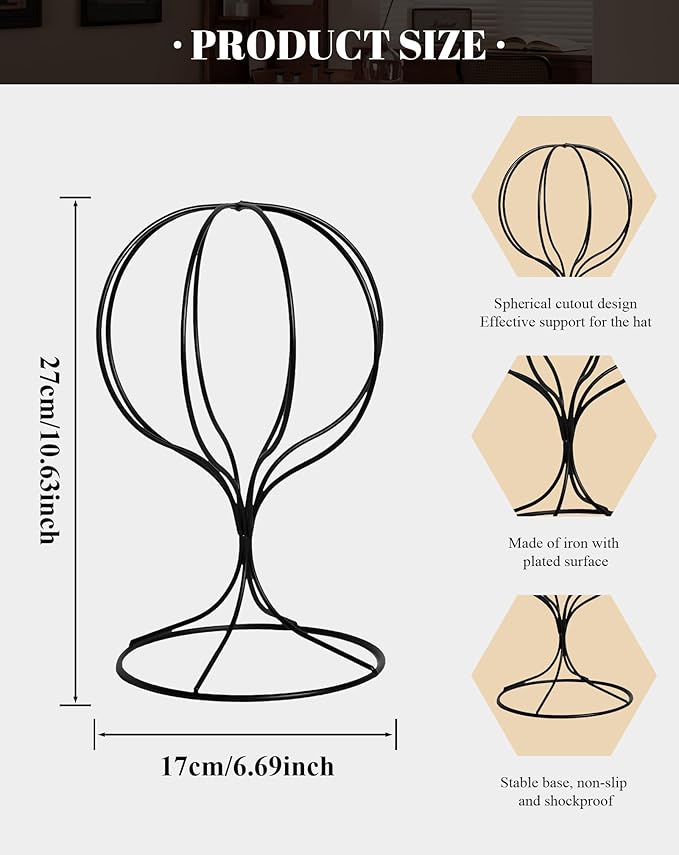 CHADWICK Black Iron Ball Hat Rack, Short Display Stand for Fedora, Baseball Cap, Wig Storage, 6.7" x 10.6", Single Unit