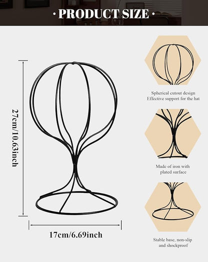 CHADWICK Black Iron Ball Hat Rack, Short Display Stand for Fedora, Baseball Cap, Wig Storage, 6.7" x 10.6", Single Unit