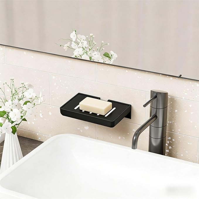 SUOXING 2 Pack Bar Soap Holder for Shower Wall,Self Draining Adhesive Soap Holder,Rustproof Wall Mounted Acrylic Shower Soap Rack & Caddy for Bathroom,Bath,Kitchen,No Drilling PlasticSoap Shelf,Black