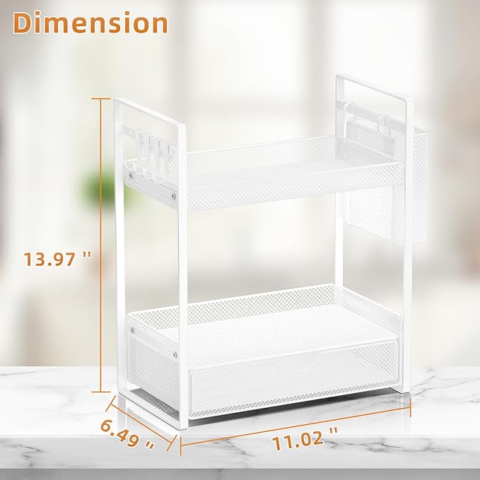 VITVITI 2 Tier Bathroom Organizer Countertop with Drawer, Metal Mesh Bathroom Counter Vanity Organizer Storage, Bath Room Shelf Sink Kitchen Spice Rack with Basket Hooks, White