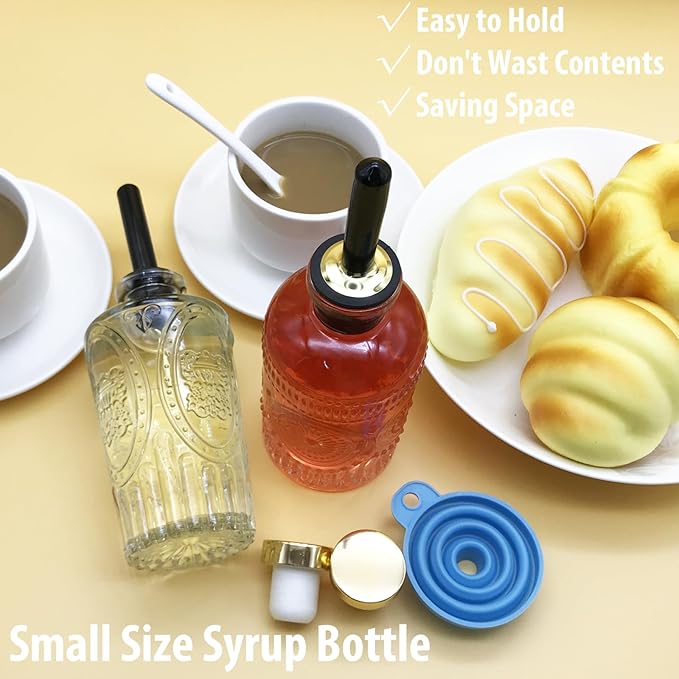 Glass Coffee Syrup Dispenser Bottles 7 OZ with Metal Pour Spout, 2-Pack Syrup Bottles Set with Funnel, Perfect for Maple, Honey Syrup, Oil, and Sauces - Coffee Bar Accessories