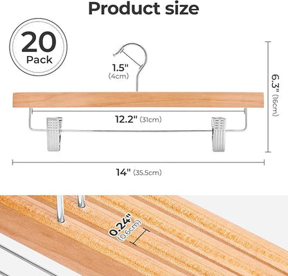 HOUSE DAY Wooden Pants Hangers with Clips, Solid Lotus Deluxe Wood Skirt Hangers, Heavy Duty & Anti-Rust Hook for Wrinkle-Free Slacks, Skirts, Jeans, Space Saving for Closet 20 Pack (Natural)