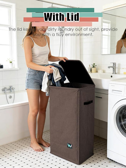 WTREE Laundry Hamper with Lid, Reinforced Sturdy Clothes Hamper with Anti-Puncture Base, Large Collapsible Laundry Basket with Removable Liner Bag, Tall Dirty Clothes Bin for Family, 100L Chocolate