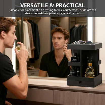Rotating Cologne Organizer for Men – Black Wooden Perfume Stand with Dual Drawers, Multi-Tier Fragrance Display & Jewelry Storage for Dresser or Bathroom