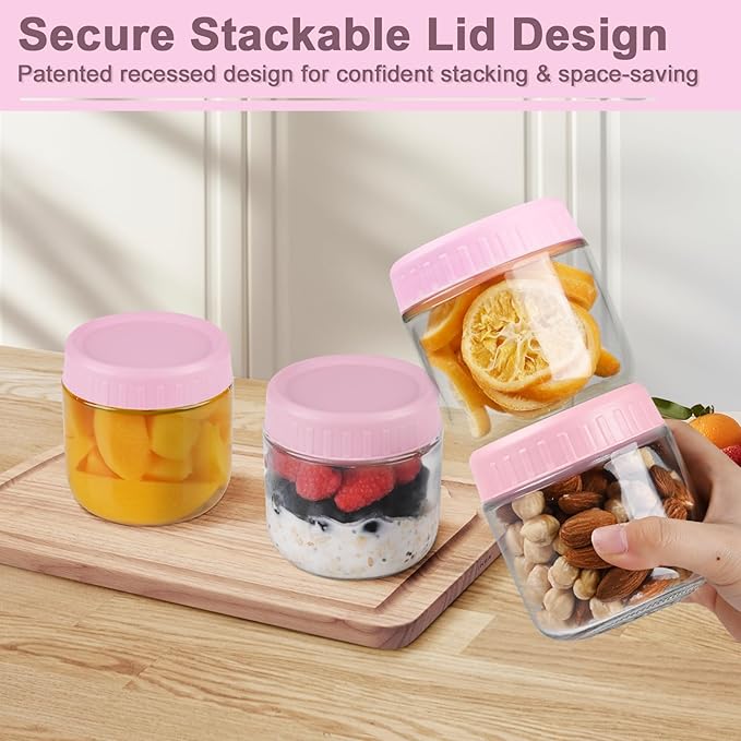 Overnight Oats Containers with Lids, 10oz Wide Mouth Mason Jars with Lids, 6 Pack Glass Jars with Airtight lid for Chia Pudding Yogurt Salad, Meal Prer Oatmeal Jars, Pink
