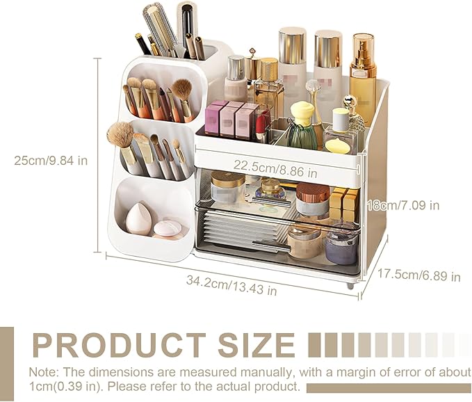 Makeup Organizer with Drawer, Skincare Products Perfume Desk Storage Box, Beauty Holder Rack for Lipstick Brush Eyeliner, Cosmetic Display Case for Dresser Countertop & Bathroom Vanity (White)