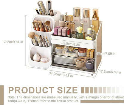 Makeup Organizer with Drawer, Skincare Products Perfume Desk Storage Box, Beauty Holder Rack for Lipstick Brush Eyeliner, Cosmetic Display Case for Dresser Countertop & Bathroom Vanity (White)