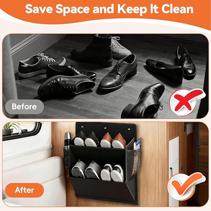 2 Pack RV Shoe Storage Organizer, Over the Door/Wall Hanging Shoe Rack with Sticky Adhesive, Large Deep Pockets for Narrow Space, Closet Camper Storage Black