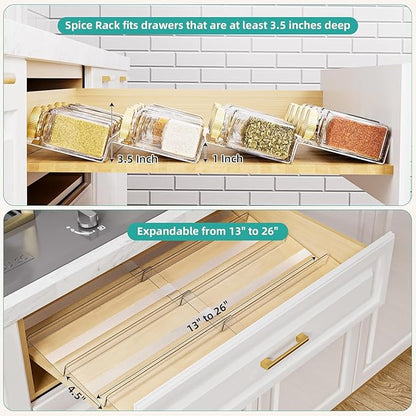 MIUKAA Acrylic Spice Drawer Organizer, 2 Tier - 4 Pack Seasoning Organizer for Drawer, Expandable From 13" to 26" Kitchen Drawer Spice Rack with Slip-Proof Mat (Jars not Included)