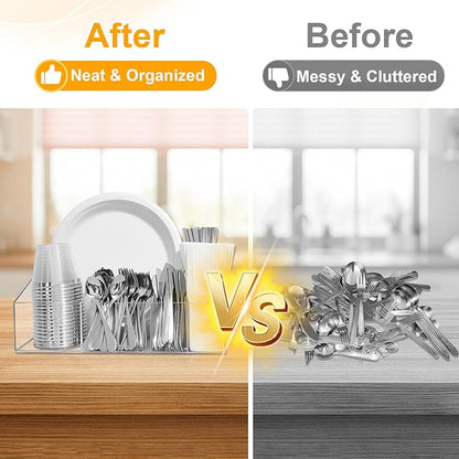 Acrylic Paper Plate Organizer and Dispenser – Extra Capacity Plate and Utensil Caddy for Plates, Cups, Napkins and Cutlery, Ideal for Kitchen, Parties, Picnics, Weddings, and Outdoor Events