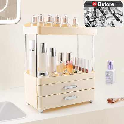 DASITON 4 Tiers Makeup Organizer, 2 Drawers Large Cosmetic Organizers for Vanity Bathroom Countertop, Bathroom Organizers and Storage for Skincare, Cosmetic, Perfume, Dresser Organizer (Cream+Cream)