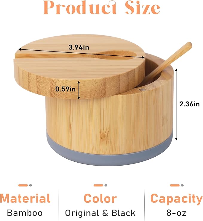 Bamboo Salt Cellar with Lid And Spoon, Grey Salt Box - Easy to Distinguish Spice In The Bowl, Salt Container With Magnetic Swivel Lid For Herbs Or Seasonings