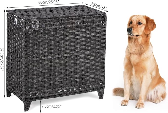 Laundry Hamper with 3 Removable Liner Bags; 132L Handwoven Rattan Laundry Basket with Lid & Heightened Feet; Clothes Hamper with Side Handles; Laundry Sorter with 3 Separate Sections