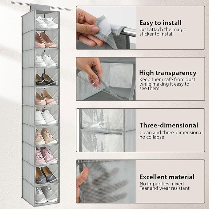 Sadnyy 10-Shelf Hanging Closet Shelf Shoe Organizer with Dust Cover Hanging Closet Organizer Dorm Essentials for Girls Boys Clothes Storage for Hats and Handbags, 10 kg Load Capacity(Gray)