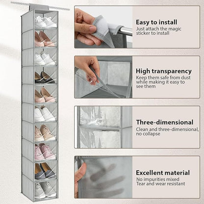 Sadnyy 10-Shelf Hanging Closet Shelf Shoe Organizer with Dust Cover Hanging Closet Organizer Dorm Essentials for Girls Boys Clothes Storage for Hats and Handbags, 10 kg Load Capacity(Gray)