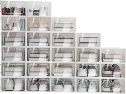 24 Pack Plastic Shoe Organizer Boxes, Foldable Shoe Storage Containers with Lids for Closet DIY Install for Bedroom, Living Room - 13 x 9.1 x 5.5 Inches
