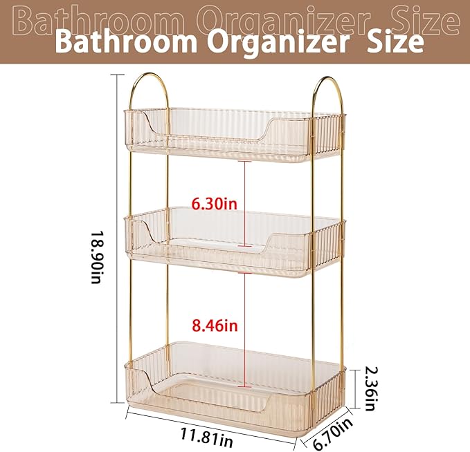 shuang qing 3 Tier Bathroom Counter Organizer Countertop Storage, Cosmetics Skincare Shelf Organizer, Makeup Organizer Perfume for Dresser Vanity Tray, Spice Rack Organizer for Kitchen - Gold