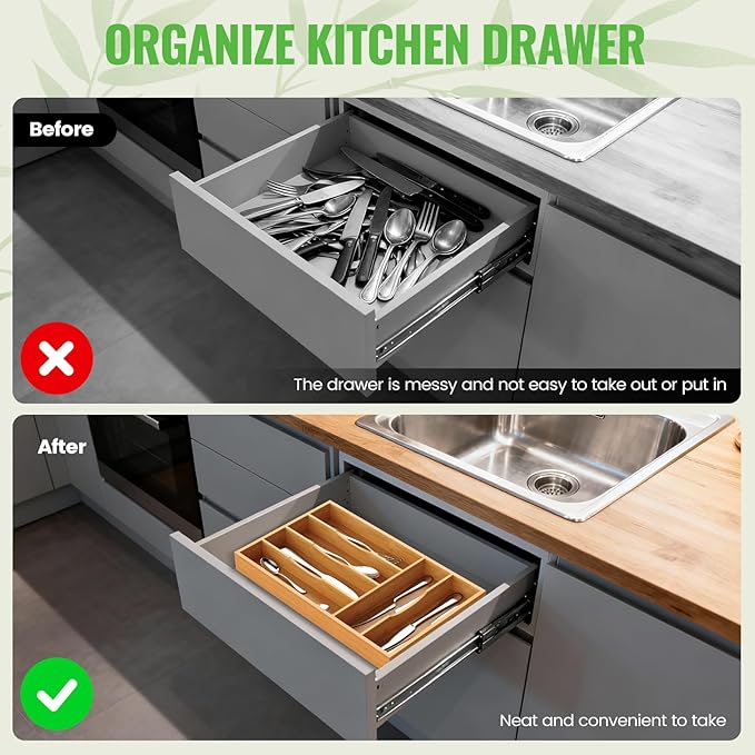 Bamboo Silverware Organizer, Bamboo Kitchen Drawer Cutlery Organizer, Utensil Holder, Flatware Organizer Tray (15.8"x9.5"x1.6")