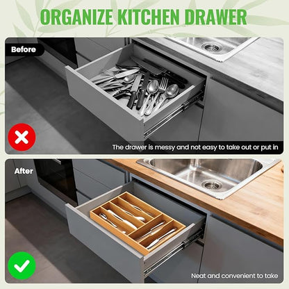 Bamboo Silverware Organizer, Bamboo Kitchen Drawer Cutlery Organizer, Utensil Holder, Flatware Organizer Tray (15.8"x9.5"x1.6")