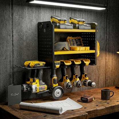 BUILTSTRONG Power Tool Organizer Wall Mount – 3-Tier Heavy-Duty Steel Rack, 6 Drill Slots, Dual Pegboard Sides, Side-by-Side Modular, 100 lb Capacity – Garage & Workshop (Yellow)