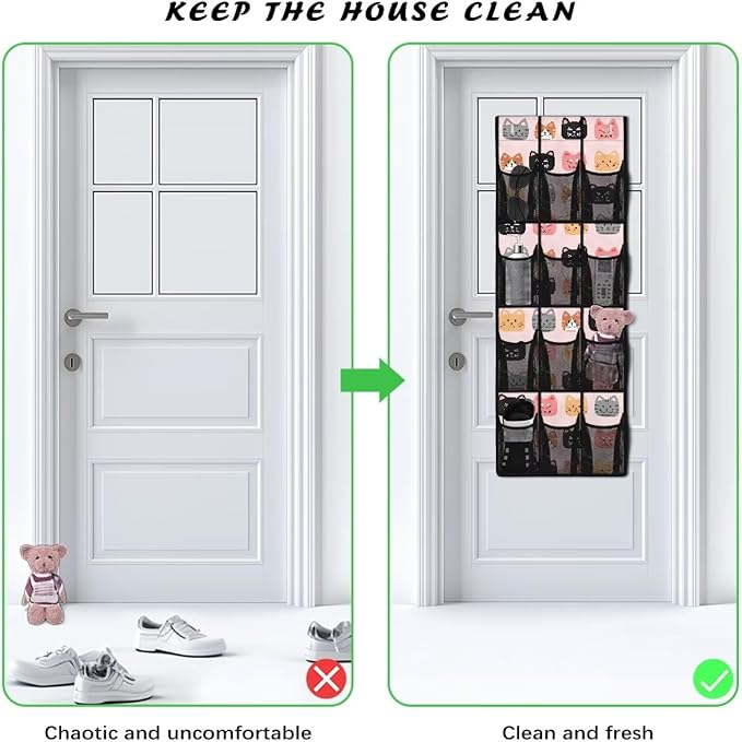 12-Section Over The Door Storage Bag, Oxford Material, Waterproof Scratch-Resistant and for Organizing Bathroom Kitchen Bedroom Essentials, Cartoon Cats