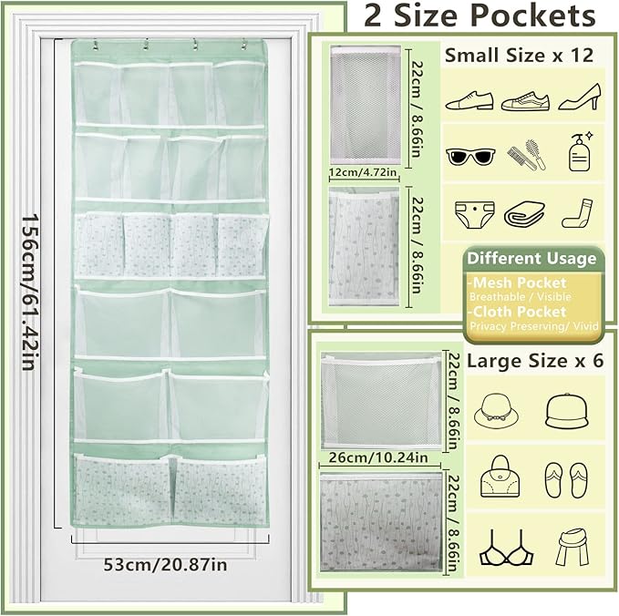 18 Pockets Over the Door Organizer with 4 Kind Pockets,Behind Door Shoes Rack,Back of Closet Storage Organization for Socks,Hat,Underwear,Luggage Packing,Hanging Holder Shelf in Home Dorm,Travel,Green