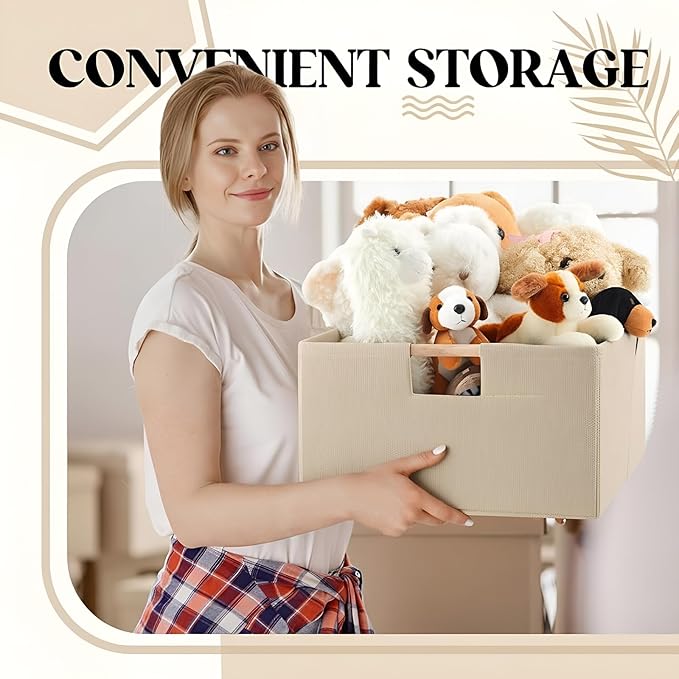 Cinnvoice 3 Pack Fabric Storage Bins for Closet Shelves, Rectangle Wardrobe Organizer with Handle, Collapsible Shelves Storage Basket for Sorting Clothes and Toy (Beige,15 x 10.6 x 6 Inch)