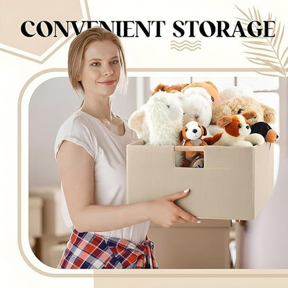 Cinnvoice 3 Pack Fabric Storage Bins for Closet Shelves, Rectangle Wardrobe Organizer with Handle, Collapsible Shelves Storage Basket for Sorting Clothes and Toy (Beige,15 x 10.6 x 6 Inch)