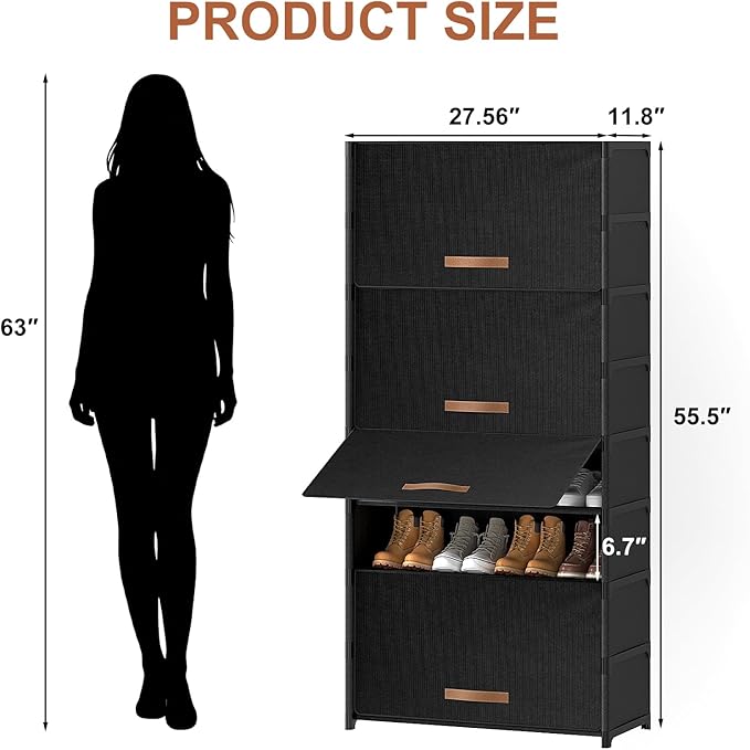 Shoe Rack, 9 Tier Shoe Storage Cabinet with Door 36 Pair Plastic Shoe Shelves Organizer for Closet, Entryway, Hallway, Bedroom, Black