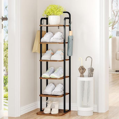 Hzuaneri 6 Tiers Vertical Shoe Rack, Narrow Shoe Tower, Tall Shoes Shelf with 2 Hooks, Adjustable Shelves, Corner Shoes Shelves for Small Spaces, Entryway, Living Room, Rustic Brown SR04201B