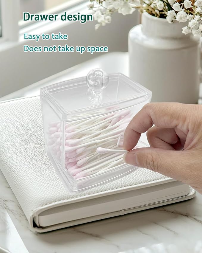 Cotton Swab Holder with Lid - Clear Plastic Bathroom Vanity Organizer, Shatterproof U-Slot Cotton Swab Dispenser Canister, Dustproof Countertop Container for Cotton Swabs & Apothecary Storage