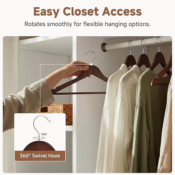 StorageWorks Wooden Hangers 20 Pack, Wood Coat Hangers for Closet, Heavy Duty Clothes Hangers for Suits, Shirts, Pants, Jackets, Walnut Color