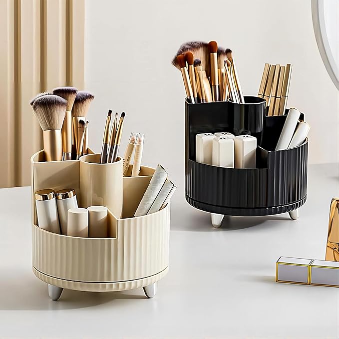 DASITON Large Capacity Makeup Brush Holder,360° Rotating Makeup Organizer,5 Slot Makeup Brushes Cup,for Vanity Decor,Bathroom Countertops,Desk Storage Container,Cosmetic Display cases(Cream-S)
