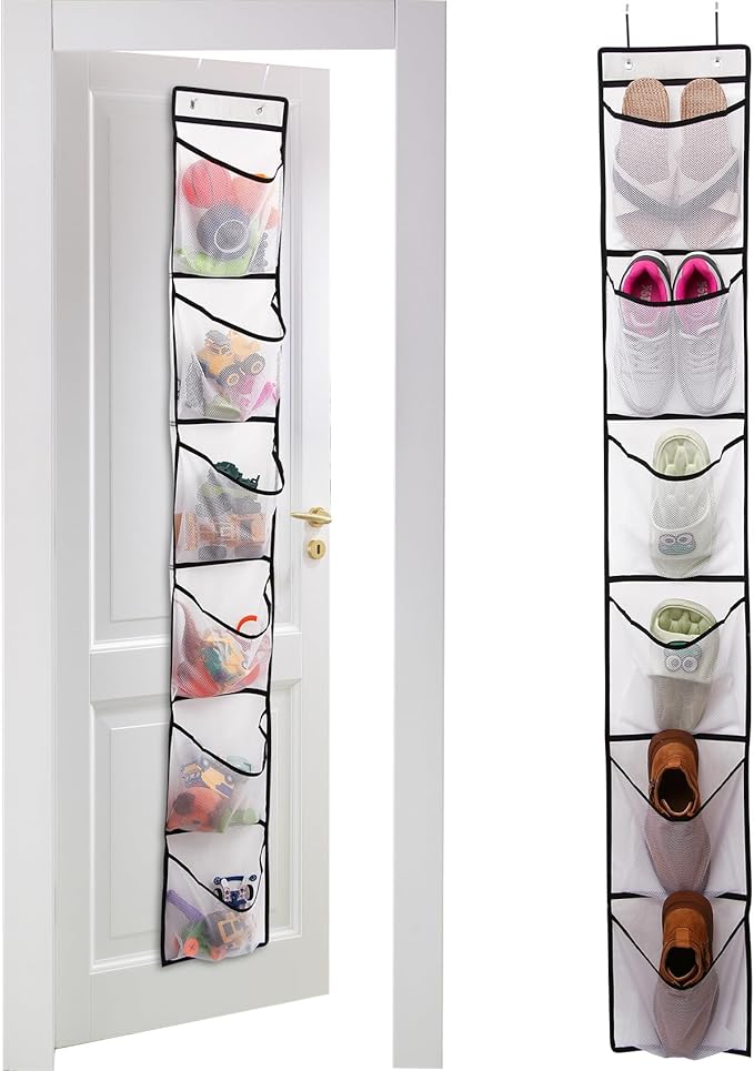 GOMAJI 6 Large Breathable Mesh Pockets, Over The Door Shoe Organizer, Boots Hanging Storage Shoe Rack for Closet, Accessories - - White
