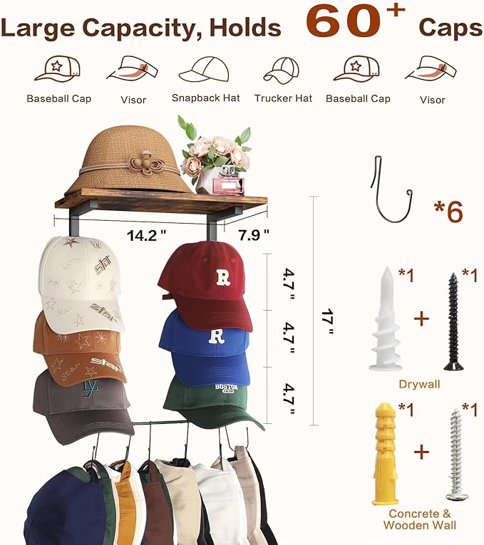 Keebofly Wall Hat Rack with Shelf, Multi-function Baseball Cap Organizer & Holder with 12 Hooks，Displays & Stores 60+ Caps, Multi-Level Wall Mount Hat Organizer Stand for Closet, Entryway, Bedroom