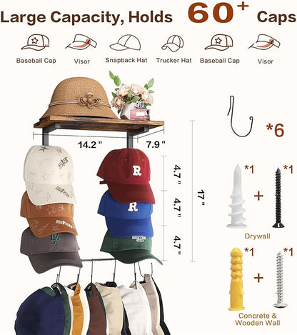 Keebofly Wall Hat Rack with Shelf, Multi-function Baseball Cap Organizer & Holder with 12 Hooks，Displays & Stores 60+ Caps, Multi-Level Wall Mount Hat Organizer Stand for Closet, Entryway, Bedroom