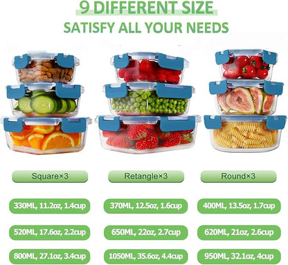 HOMBERKING Glass Food Storage Containers with Lids, [18 Piece] Glass Meal Prep Containers, Airtight Lunch Bento Boxes, BPA-Free & Leak Proof (9 lids & 9 Containers) - Deep Blue