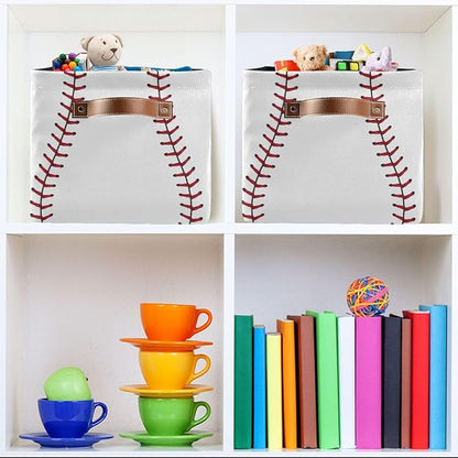 Baseball Red Stitches Basket Decor Storage Bin Basket For Shelf Closet Foldable Fabric Storage Box Cube With Handles Large Kids Toys Clothes Organizer Basket For Nursery Bedroom