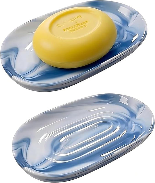 Ceramic Marble Pattern Soap Dish, Textured Raised Soap Saver Tray for Shower Bathroom Kitchen Sink Vanity, Easy to Clean Multi-Use Holder for Bar Soap Jewelry Rings Keys, Blue (1 Pack)