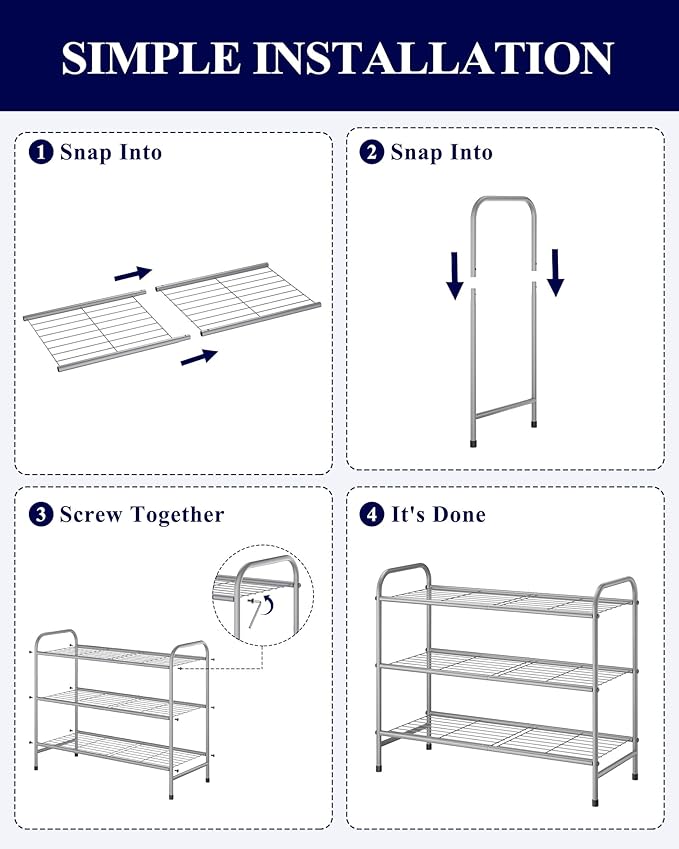 Kitsure Shoe Rack - Stainless Steel Shoe Organizer, Sturdy Shoe Rack for Closet and Front Door Entrance, Free Standing Shoe Shelf, Closet Organizers and Storage, 25.6" Wide - 3 Tier, Grey