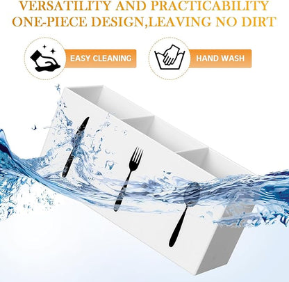 Suzile Acrylic Cutlery Storage Organizer Bin Silverware Caddy Countertop Knife Spoon and Fork Holder Kitchen 3 Section Tableware Storage Box for Cabinet Indoor Home Flatware Dining Room (White,M)