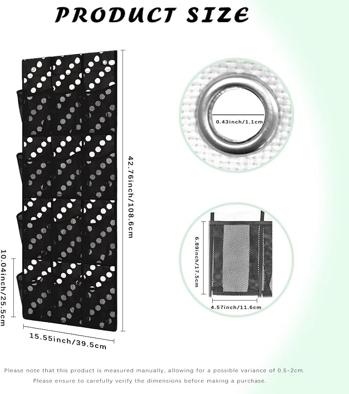 12-Pocket Waterproof Oxford Cloth Storage Hanging Bag Behind The Door, Foldable Large Capacity Organizer for Bathroom Closet Bedroom and Pantry Door, Dots Print Black