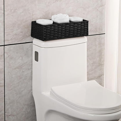 Vagusicc 3 Section Wicker Storage Basket, Hand-Woven Paper Rope Wicker Baskets for Organizing, Toilet Tank Basket, Black Baskets for Bathroom, 2-Pack, Black