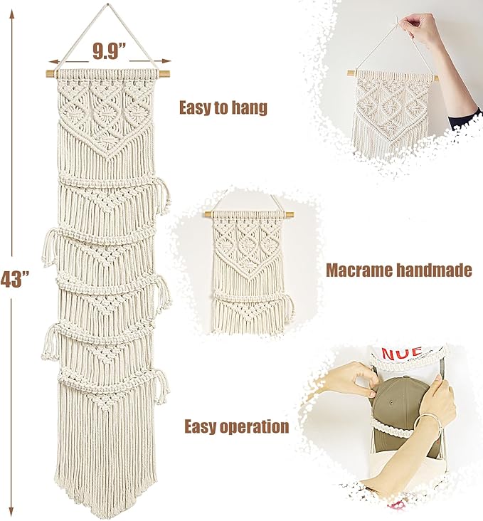jontell Boho Baseball Cap Hanger-1 Pack-Macrame Hat Organizer for Ball Caps Holder Over Door, Hat Rack for Wall, Cap Rack for Decoration and Display, Boho Handmade Cap Display
