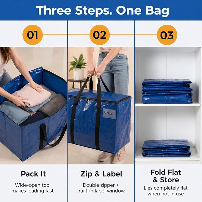 ClearSpace Heavy Duty Moving Bags - Water Resistant Storage Bags or Storage Bins with Lids and Moving Supplies - Large Moving Boxes for College Dorm, Travel, Closet Organization - 6 Pack
