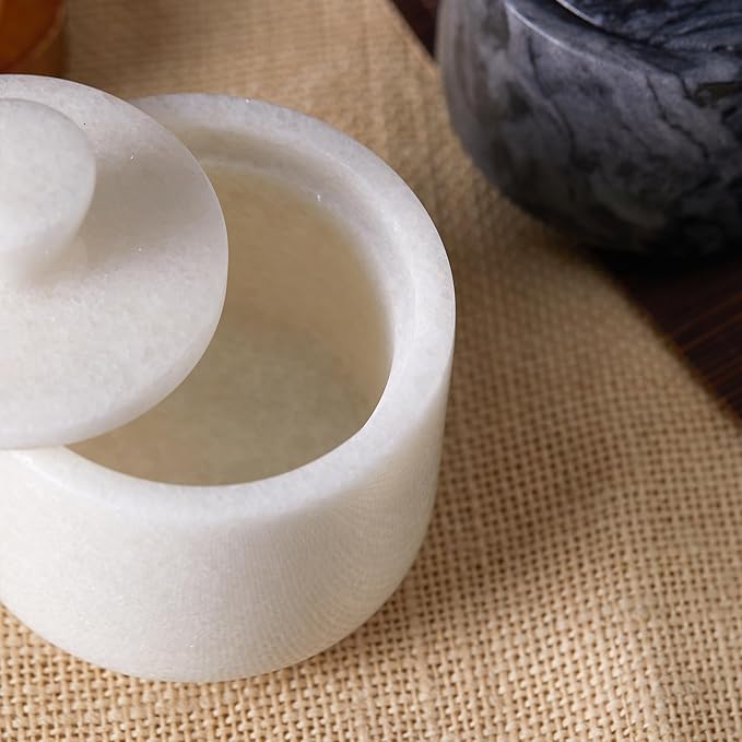 Natural Marble Salt Cellar with Lid, Stone Salt Bowl,Spice jar,Handcrafted Seasoning Storage Box for Kitchen Counte (White)